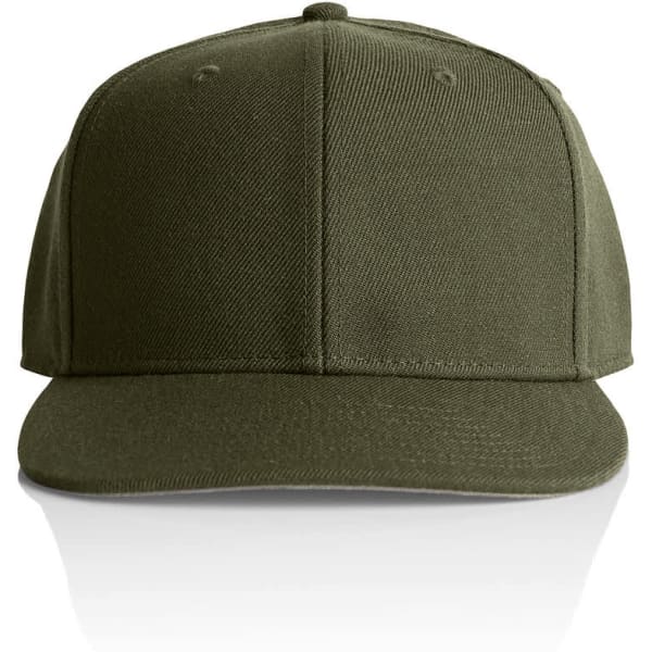 An olive green cap with a flat brim and five panels, featuring a logo on the front.