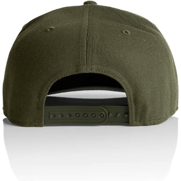 A green cap featuring a flat brim and an adjustable strap at the back. The cap has a logo on it.