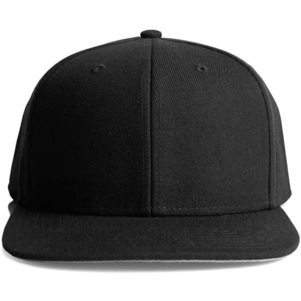 A black cap with a flat brim and a structured design, featuring a logo on the front.