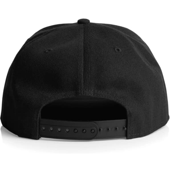 A black cap featuring a snapback closure and a plain design with an adjustable strap at the back.