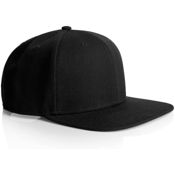 A black cap with a flat brim and a fitted design, featuring a logo on the front.