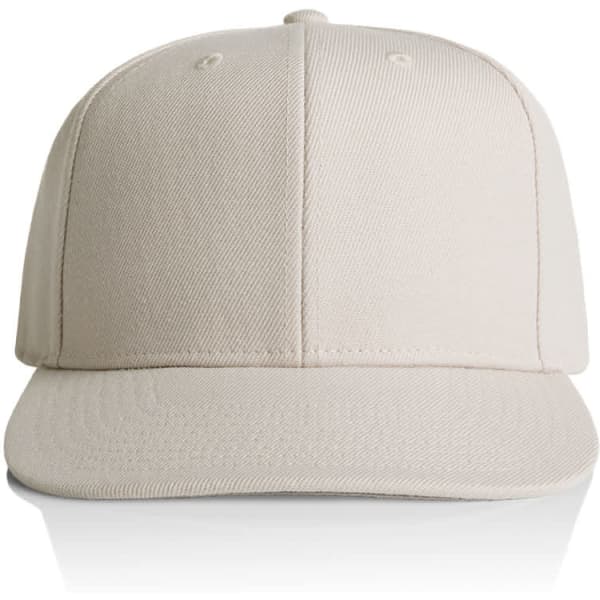 A beige cap with a flat brim and a logo on the front, displayed against a white background.