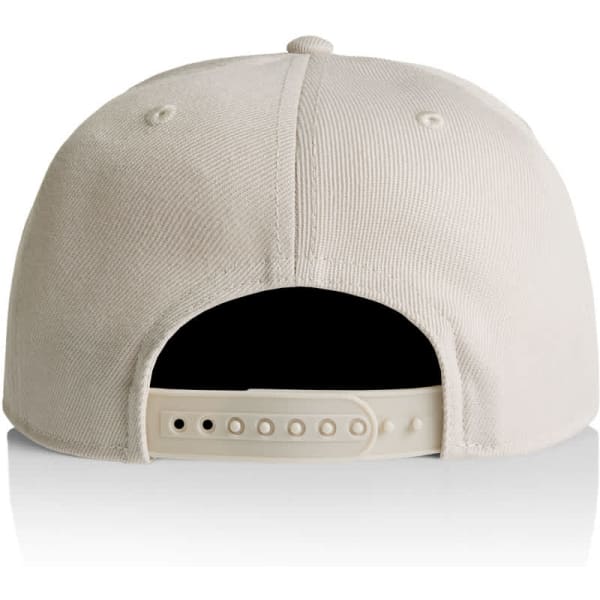 A beige cap with a plastic adjustable strap at the back and a logo. The cap features a smooth fabric texture.