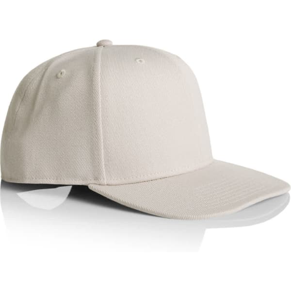 A cream-coloured cap with a curved brim and stitched detailing, featuring a logo on the front.