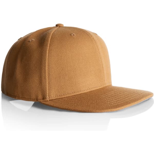 A brown cap with a structured design and a flat brim. It features a logo on the front.