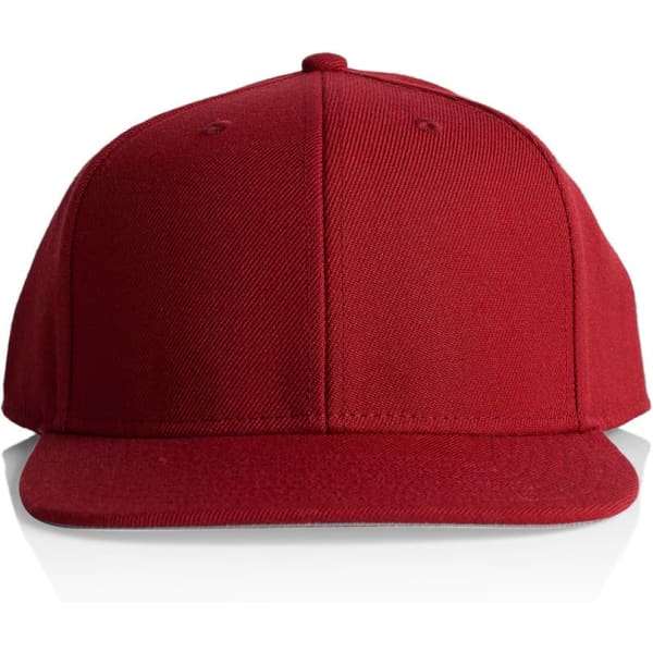 A red cap featuring a flat brim and a structured design, complete with a logo.