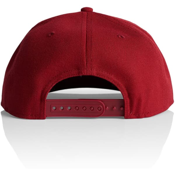 A red cap with an adjustable strap at the back and a logo on the side.