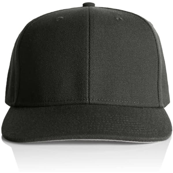 A black cap with a structured front and a flat brim, featuring a logo.