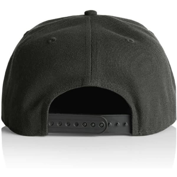 A black cap featuring a flat brim and snapback closure at the back. Includes a logo on the side.