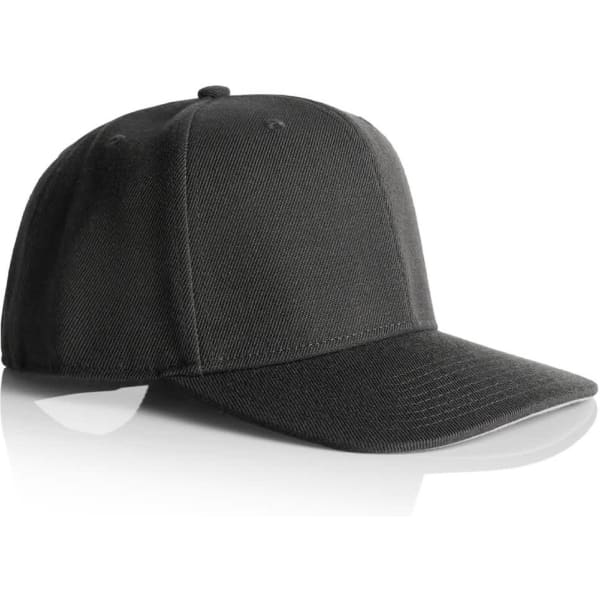 A black cap featuring a curved brim and a fitted design, with a logo on the front.
