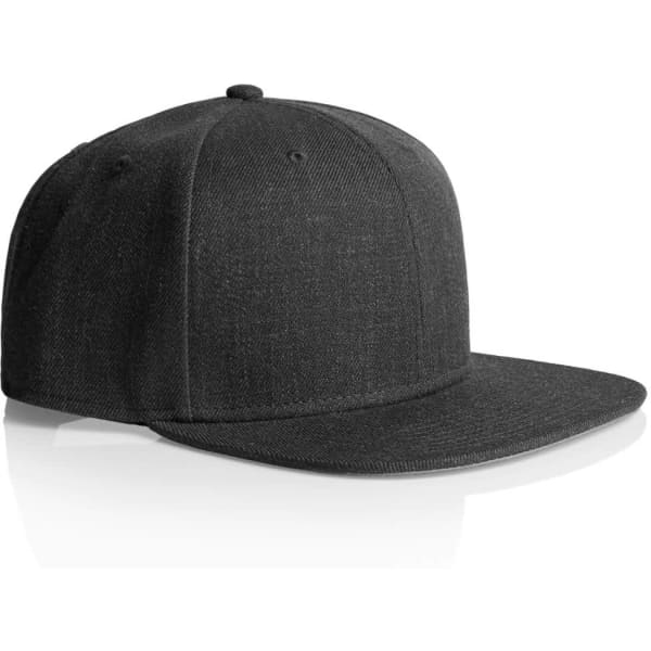 A black cap with a flat brim and a fitted design, featuring a logo on the front.