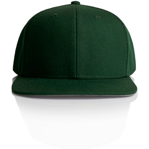 A green cap with a flat brim and a logo on the front. The cap has a structured design.