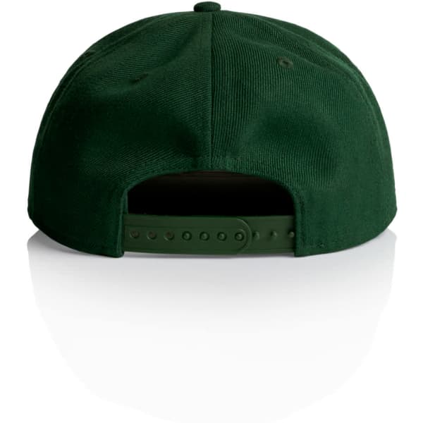 A green cap with an adjustable strap and a solid design, featuring a logo on the back.