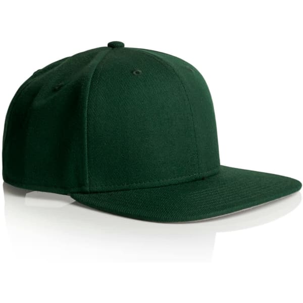 A green cap with a flat brim and a logo, featuring a structured design and six panels.