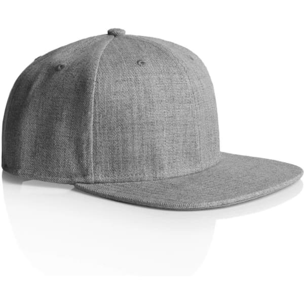 A grey cap with a flat brim and a structured design, featuring a logo on the front.