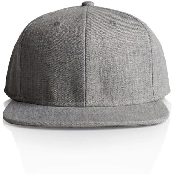 A grey cap with a flat brim and a logo on the front, designed for headwear.