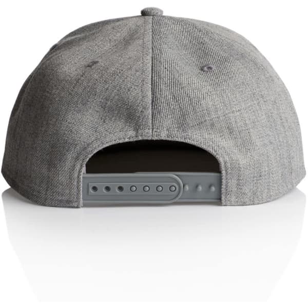 A grey cap featuring a snapback closure and a logo on the back. The texture appears fabric-like.