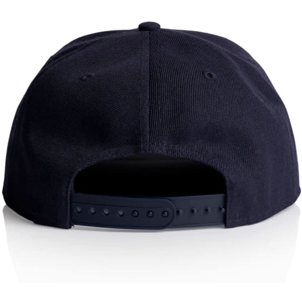 A navy blue cap featuring an adjustable strap and a plain back view with a logo present.
