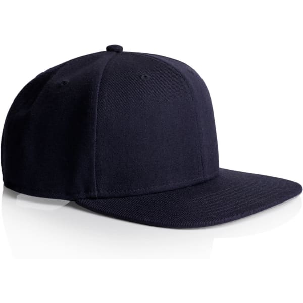 A navy blue cap with a flat brim and a structured crown, featuring a logo on the front.