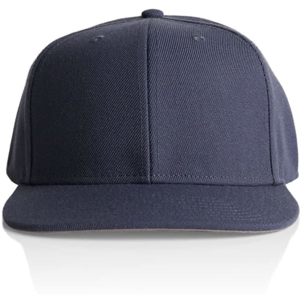 A dark navy cap with a flat brim and an adjustable back. It features a logo on the front.