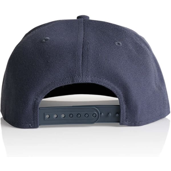 A navy blue cap with an adjustable strap at the back, featuring a logo.