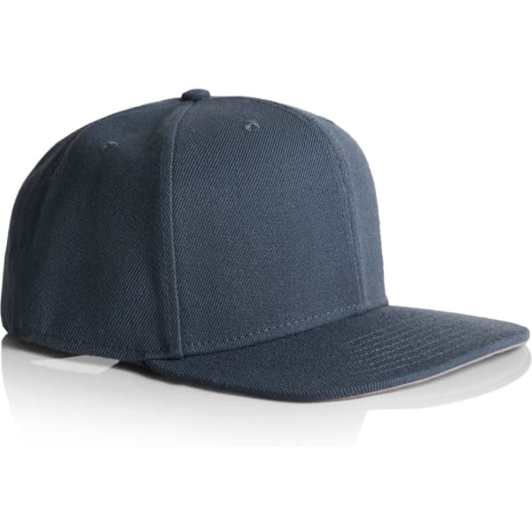 A navy blue cap with a structured design and a flat brim, featuring a logo on the front.