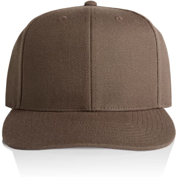 A brown cap with a flat brim and a solid structure, featuring a logo on the front.