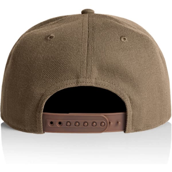 A brown cap with a flat brim and adjustable strap at the back, featuring a logo.