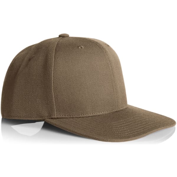 A brown cap with a rounded crown and a stiff brim, featuring a logo on the front.