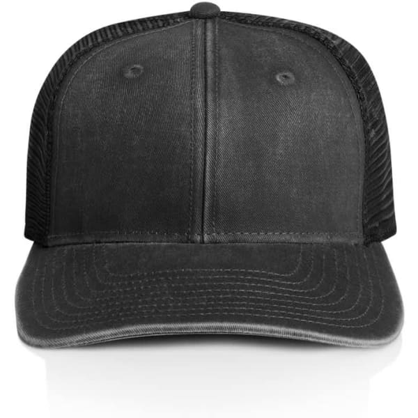 A black faded trucker cap featuring a solid front and mesh back, with an included logo.