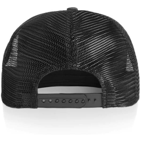 A black trucker cap featuring a mesh back and an adjustable strap, designed for casual wear.