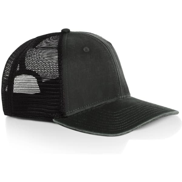 A faded green trucker cap with a mesh back, featuring a logo on the front.