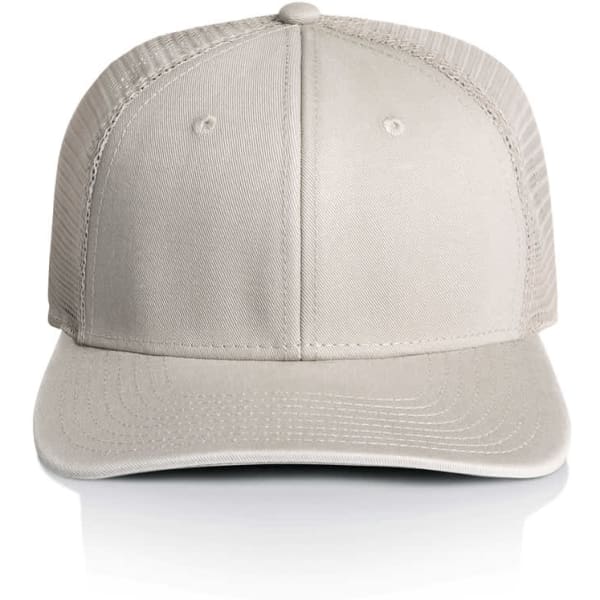 A light grey trucker cap with a structured front and mesh back, featuring a logo on the front.