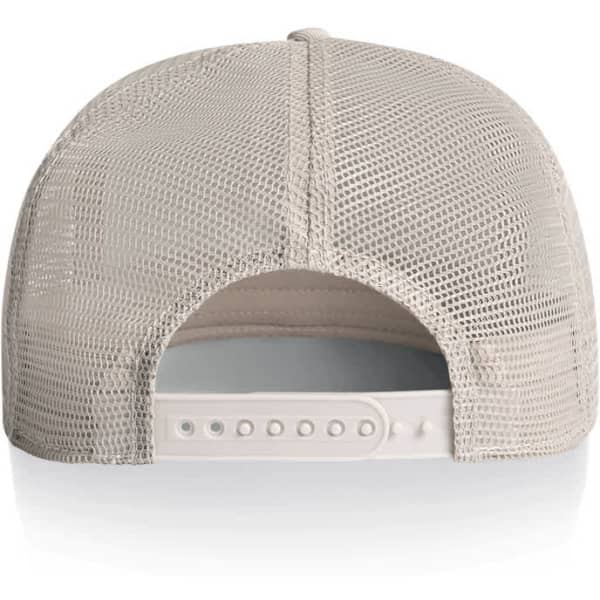 A beige trucker cap featuring a mesh back and an adjustable strap. It has a logo on the rear side.