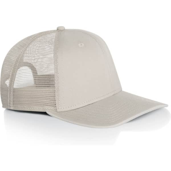 A beige trucker cap featuring a mesh back and a curved peak. It has a logo on the front.