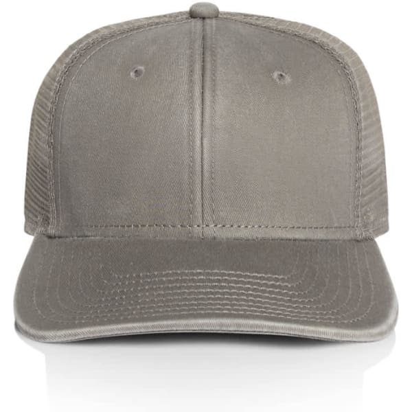 A grey trucker cap featuring a solid front panel and mesh back, with a logo on the front.