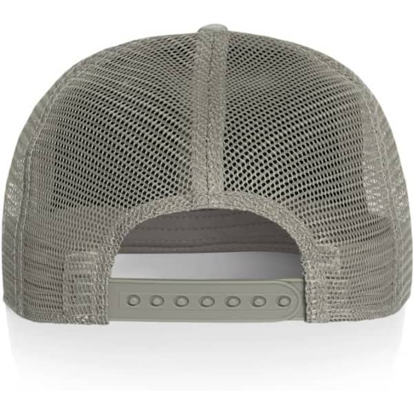 A grey mesh trucker cap with a plastic adjustable strap at the back and a logo on the side.