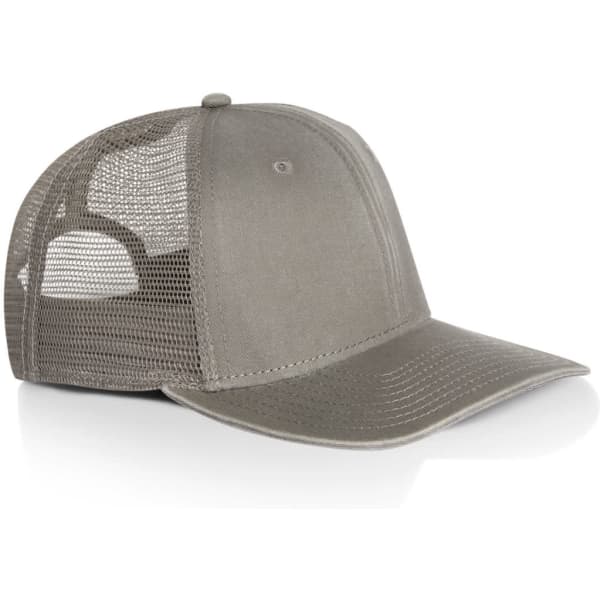 A grey trucker cap featuring a solid front and mesh back, with a curved brim and an adjustable strap.