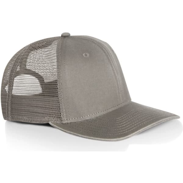A grey trucker cap with a mesh back and a solid front panel, featuring a logo on the front.
