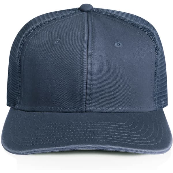 A navy trucker cap with a solid front and mesh sides, featuring a logo on the front.