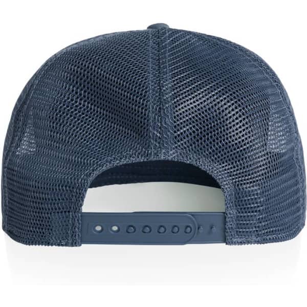 A navy blue trucker cap featuring a mesh back and an adjustable snap closure. The cap also has a branding logo.