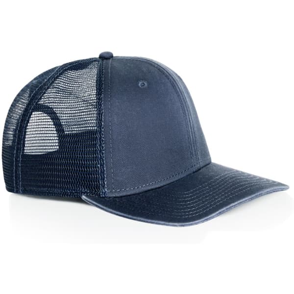 A navy trucker cap with a solid front and mesh back, featuring a logo on the front.