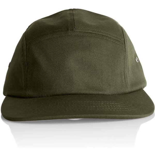 A green Finn Five Panel Cap with a flat brim and a logo. Ideal for casual headwear.