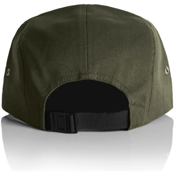 A green Finn Five Panel Cap with a black adjustable strap at the back and metal ventilation eyelets.