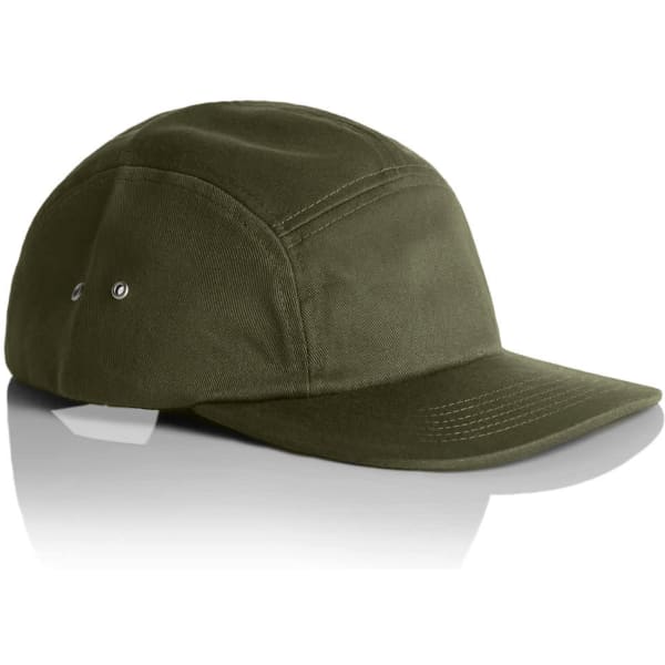 An olive green five-panel cap featuring a curved brim and a logo on the side.