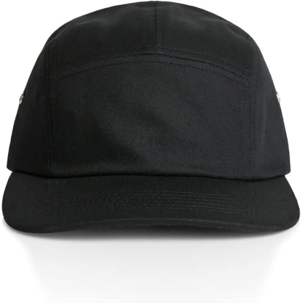 A black Finn Five Panel Cap with a structured design and a logo on the side.