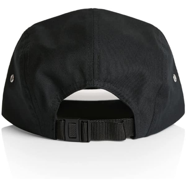 A black Finn Five Panel Cap featuring a rear adjustable strap and ventilation eyelets.