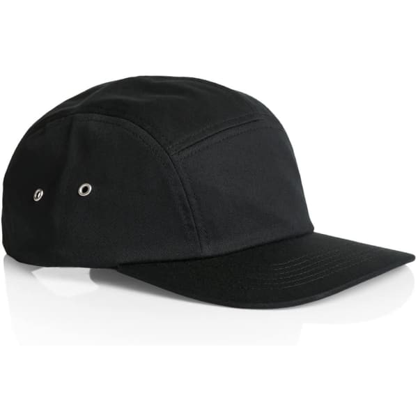 A black five-panel cap featuring a curved brim and side ventilation eyelets, with a logo on the front.
