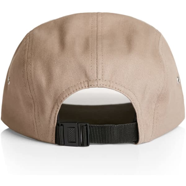 A beige Finn Five Panel Cap with a curved brim and an adjustable strap at the back, featuring a logo.