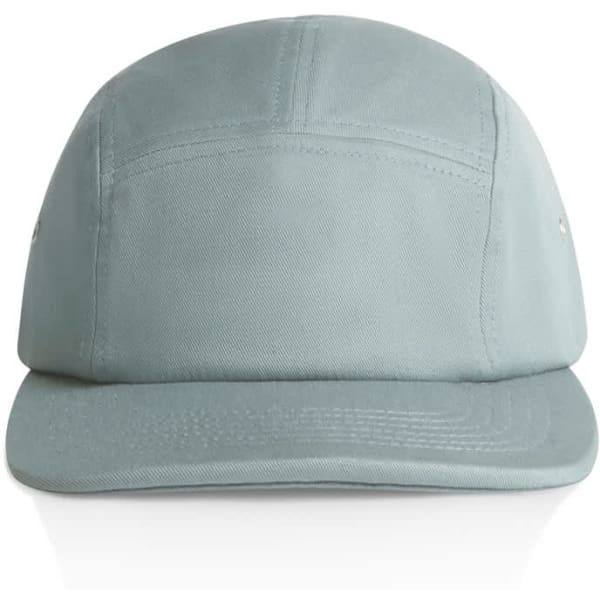 A light green five-panel cap with a flat peak and a logo on the side.